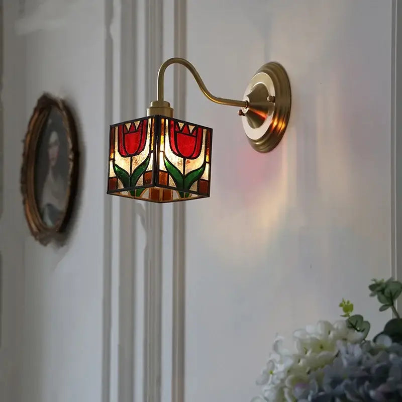 A brass-finished retro red tulip stained glass cube led wall sconce for bedroom decorbites cube led wall lighting
