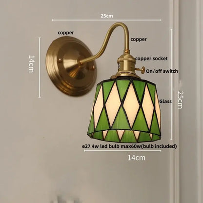 Retro red tulip stained glass cube led wall sconce with green and cream glass and copper hardware for bedroom decorbites cube led