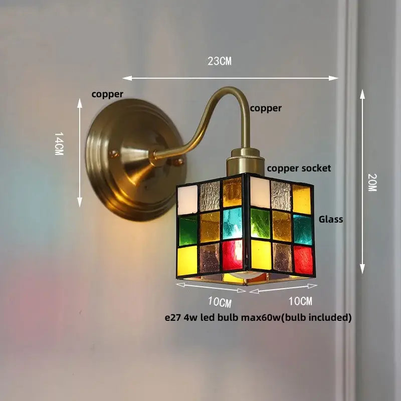 Copper-finished wall sconce with retro red tulip stained glass cube led shade for bedroom decorbites cube led wall lighting