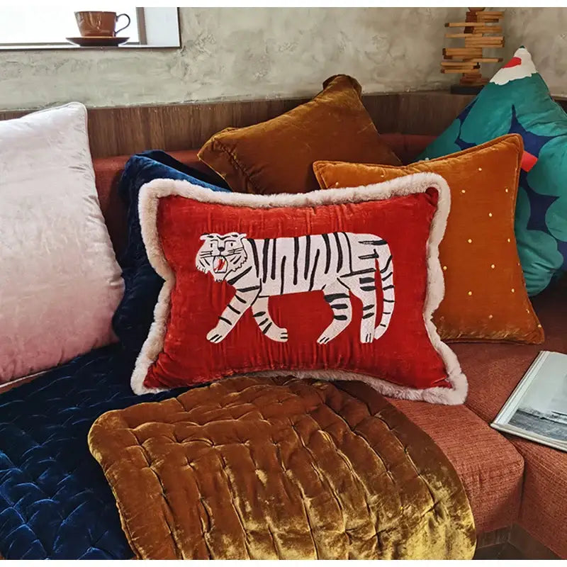 Red velvet tiger embroidery cushion cover with white fluffy trim for living room decor by decorbites furry tiger
