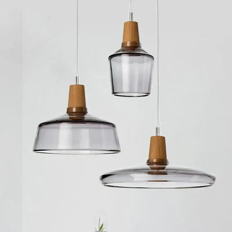 Set of three retro smoked glass lampshade pendant lights with natural wood accents for kitchen decorbites glass lampshade