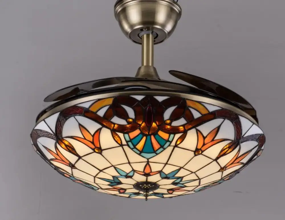 Retro 52 inch white ceiling fan with remote control featuring stained glass amber teal floral lampshade for dining room