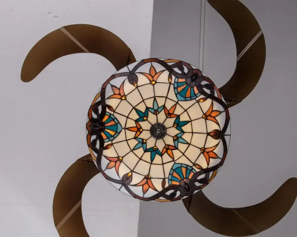 Retro stained glass 52 inch ceiling fan with remote control featuring cream panels and teal orange floral motifs for dining room