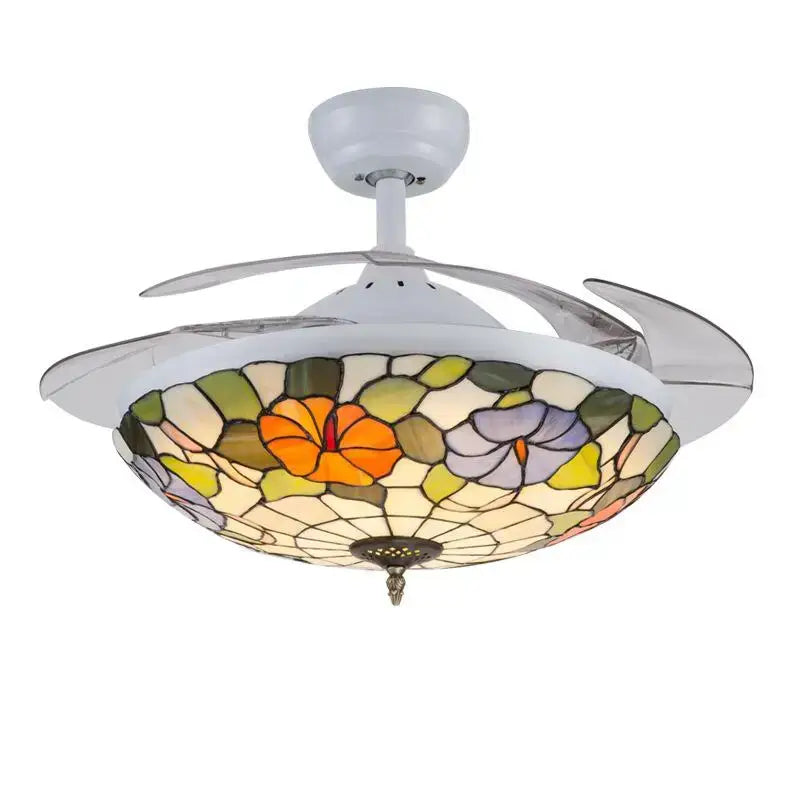White inch retro ceiling fan with remote control and stained glass floral light fixture for dining room use