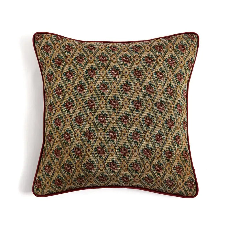 Square throw pillow with woven floral tapestry design in burgundy green and beige with red border for decorbites american luxe retro cushion covers