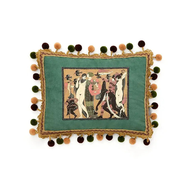 Retro teal velvet cushion cover featuring an art deco embroidered garden scene with gold fringe and pom-poms for decorbites american luxe