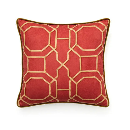 Red velvet throw pillow with gold geometric embroidery and corded border complements decorbites american luxe cushion covers