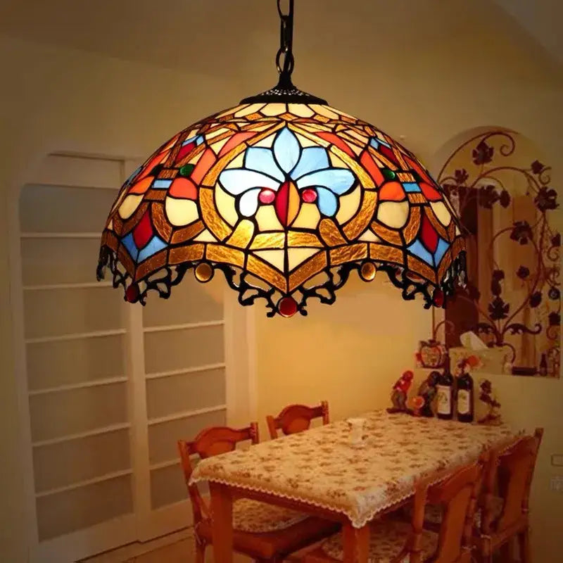 Retro tiffany style colorful glass chandelier pendant with vibrant stained glass and gold-toned metal accents by decorbites colorful glass