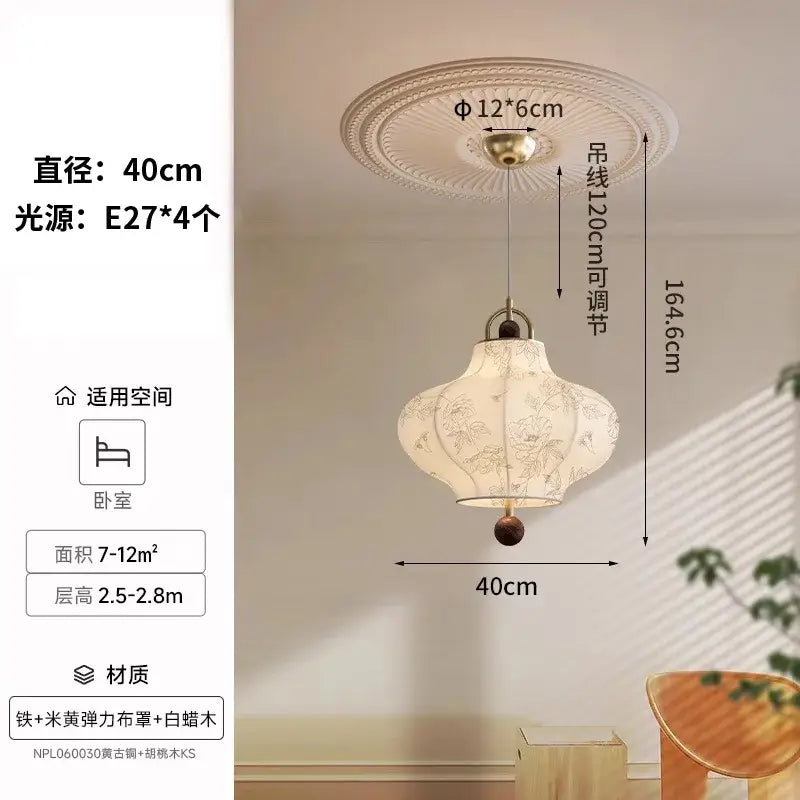Retro pendant lights decorbites wabi-sabi cream fabric pendant lights with floral embroidery and wooden finial for bedroom decor