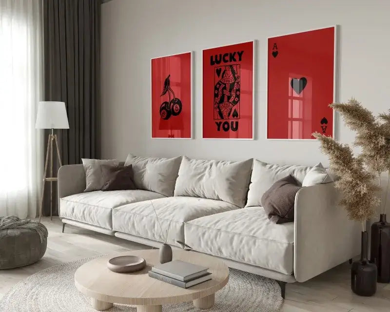 Modern beige sectional sofa with plush cushions and minimalist design featured alongside decorbites™ lucky you retro wall art posters set