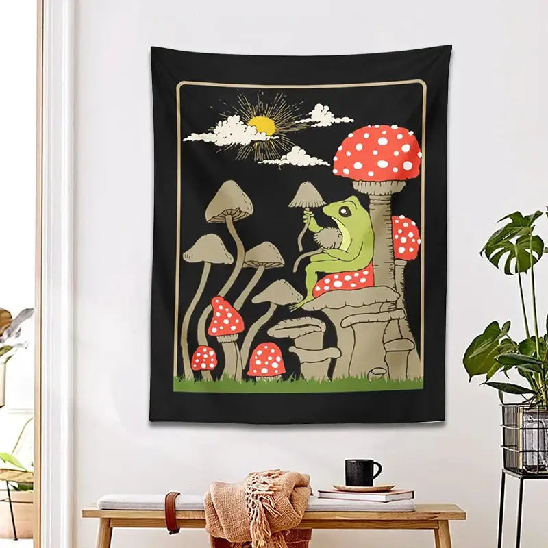 Retro whimsical black cute frog tapestry wall hanging featuring a green frog on mushroom under sunlit sky decorbites cute frog