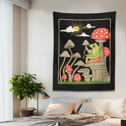 Retro whimsical black cute frog tapestry bedroom wall hanging with cartoon green frog and red white mushrooms decorbites cute frog