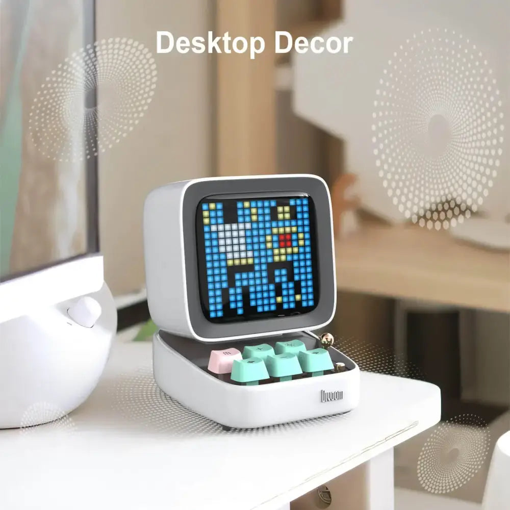 Retro white pixel art bluetooth speaker alarm clock with led display board and colorful mint green and pink keycaps