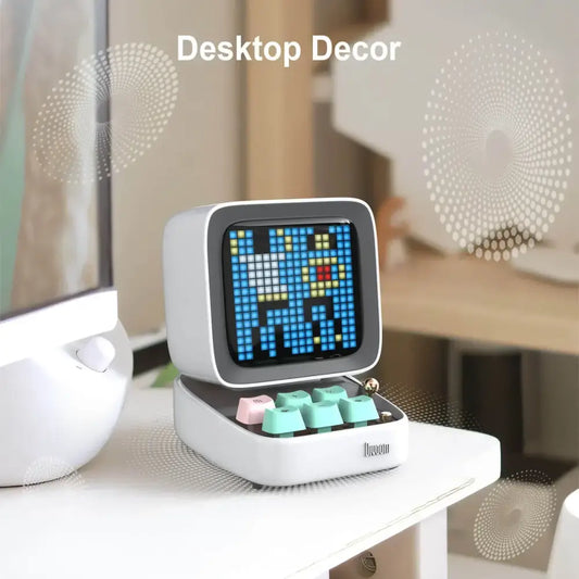 Retro white pixel art bluetooth speaker alarm clock with led display board and colorful mint green and pink keycaps