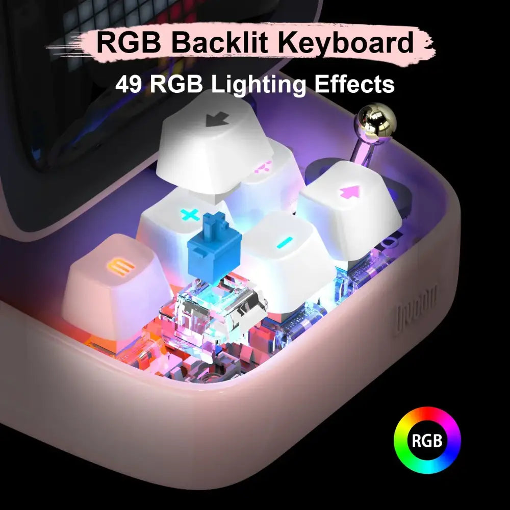 A sleek rgb backlit keyboard with white keycaps and metallic media knob paired with a retro pixel art led display alarm clock