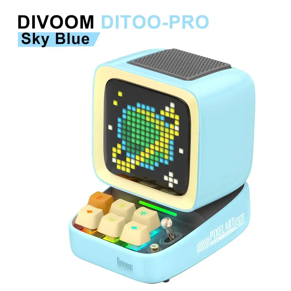 Sky blue divoom ditoo-pro pixel art bluetooth speaker with colorful led display board and vintage-style alarm clock keyboard