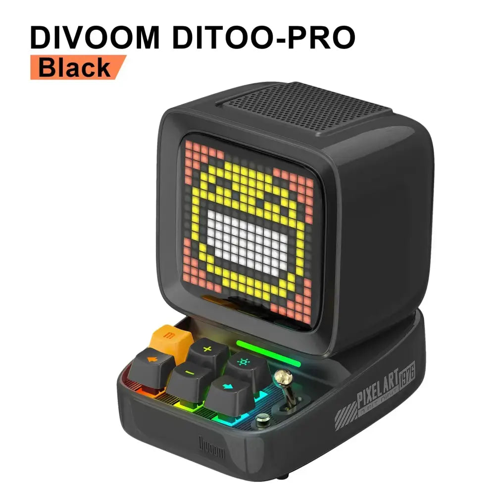 Black divoom ditoo-pro pixel art music player with led display board and alarm clock featuring colorful rainbow keys