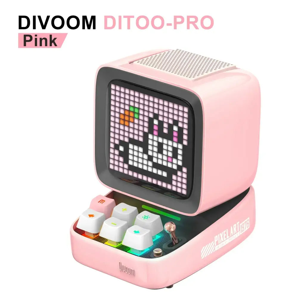 Pink divoom ditoo-pro pixel art bluetooth speaker with led display board and alarm clock featuring rainbow-lit keys