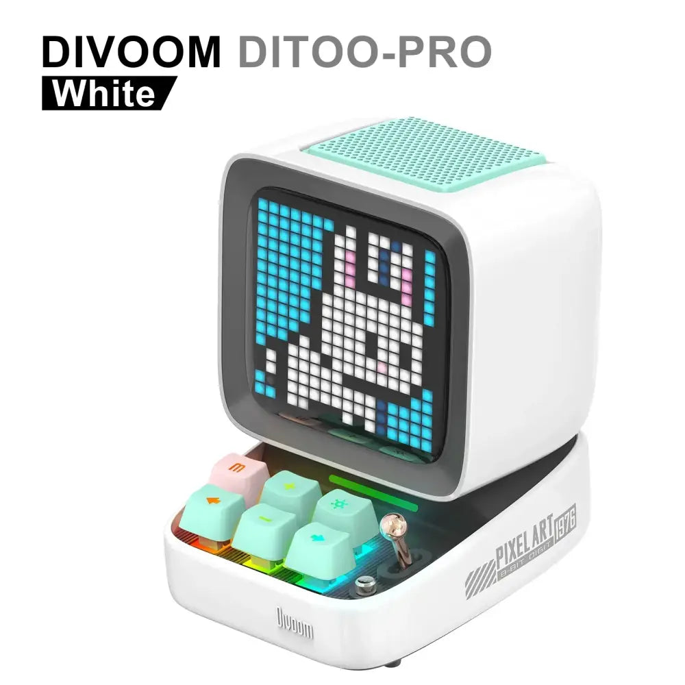 White divoom ditoo-pro pixel art bluetooth speaker alarm clock with led display board and mint green grille