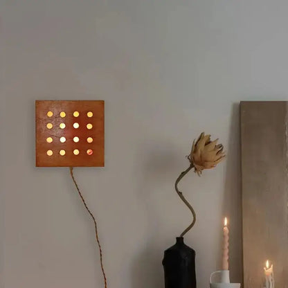 Square wooden wall light with warm glowing circular lights for bedroom decorbites cave box retro feature lighting