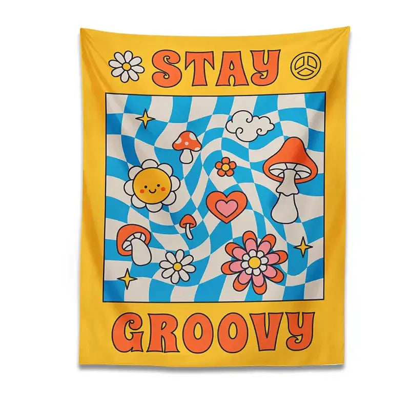 Vibrant yellow and blue decorbites groovy mushroom tapestry featuring retro design and bold orange stay groovy lettering