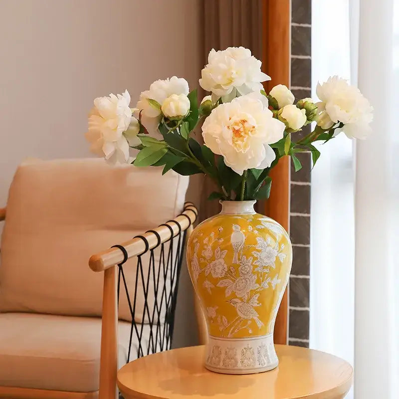 Retro yellow and white porcelain vase with floral and bird patterns for living room decorbites blue white style