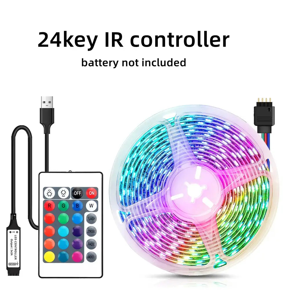 Rgb bluetooth led strip lights with rainbow-colored flexible strip lights coiled in plastic roll and 24-key ir remote controller
