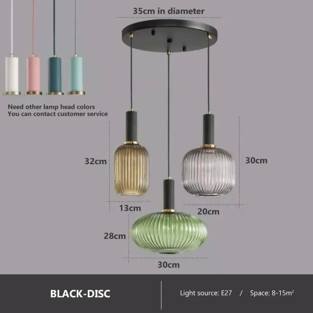 Set of three decorbites colorful glass pendant lights with ribbed gold, clear, and green shades for dining room lighting