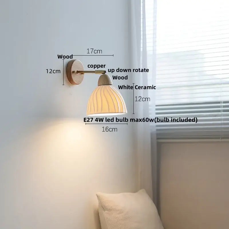 White ribbed ceramic wall sconce light with wooden and copper mount featuring up-down rotate mechanism for bedroom