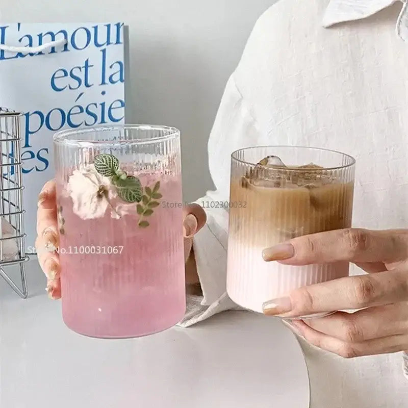 Clear ribbed glass coffee cup tumbler set by decorbites designed for stylish clear glass coffee serving