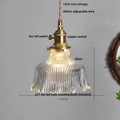 Vintage-style pendant light with clear ribbed glass led shade and brass finish for dining room decorbites clear glass