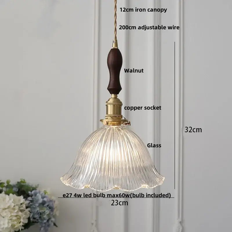 Ribbed clear glass led pendant light with fluted design and dark walnut wooden handle for dining room decorbites clear glass