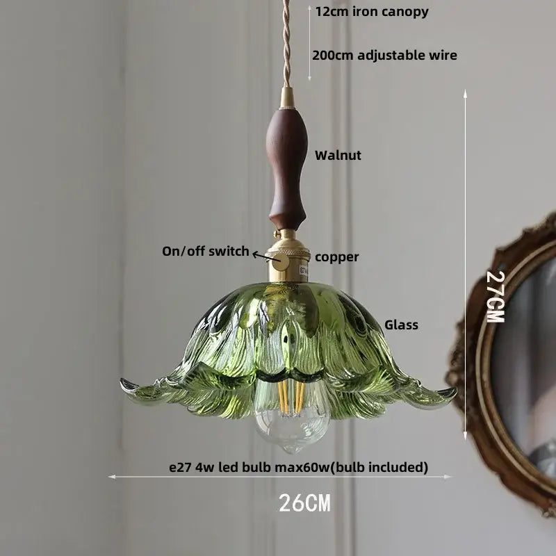 Green glass flower-shaped pendant light with walnut-finished wooden handle and copper accents from decorbites clear glass led collection