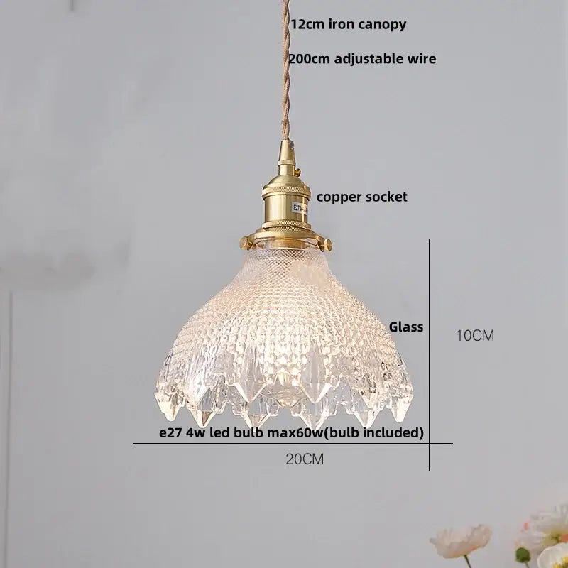 Delicate 10cm tall clear glass led pendant light with ribbed texture and brass fittings for dining room decorbites clear glass
