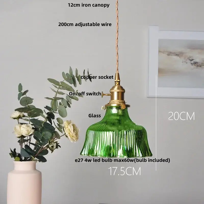 Green ribbed clear glass led pendant light with brass-finished copper socket and adjustable wire for dining room decorbites clear glass