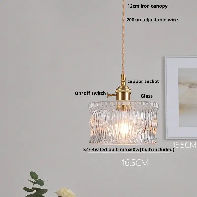 Ribbed clear glass led pendant light with wavy design brass copper socket and adjustable suspension for dining room decorbites clear glass