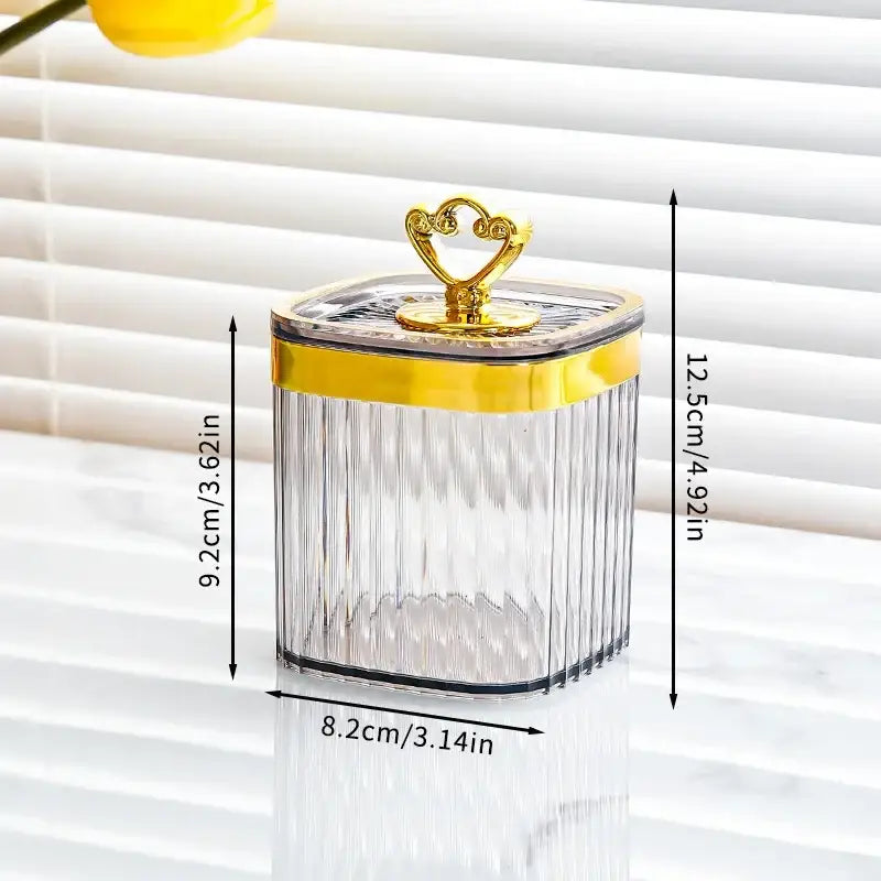 Clear glass acrylic seasoning jar with vertical ridges gold metal lid heart handle part of decorbites seasoning jar set