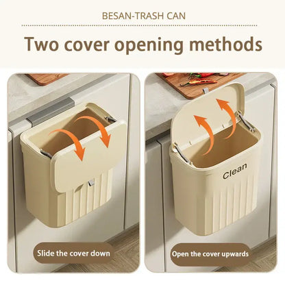 Cream-colored plastic kitchen cabinet hanging trash can with two cover-opening methods by decorbites kitchen cabinet