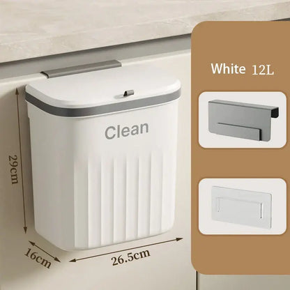 White 12l ribbed cream and gray kitchen cabinet hanging trash bin with clean logo for decorbites kitchen cabinet use