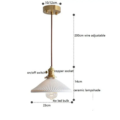 Cream white ceramic led pendant light with ribbed design hanging from brass mount by copper wire decorbites ceramic led