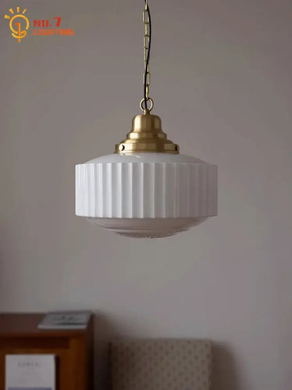 White ribbed ceramic pendant light with brass glass pendant fixture and chain ideal for dining room decorbites brass glass