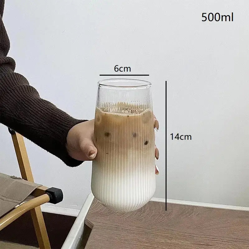Clear glass coffee tumbler with vertical ribbed texture 500ml capacity 14cm height decorbites clear glass cups
