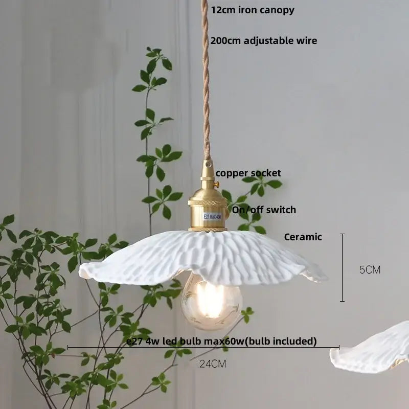 White ceramic led pendant lamp with fluted petal design and brass copper socket for dining room decorbites ceramic led