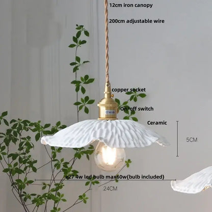 White ceramic led pendant lamp with fluted petal design and brass copper socket for dining room decorbites ceramic led