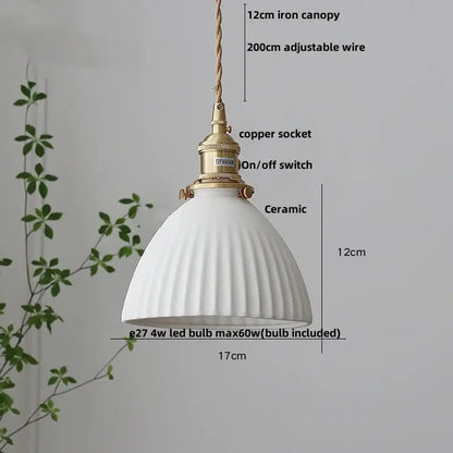 White ceramic led pendant lamp with fluted ribbed design and brass metal components for dining room decorbites ceramic led