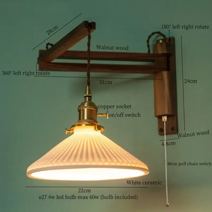A warm-toned white ceramic led wall sconce with vertical ridges mounted on walnut wood arm and copper socket decorbites ceramic led
