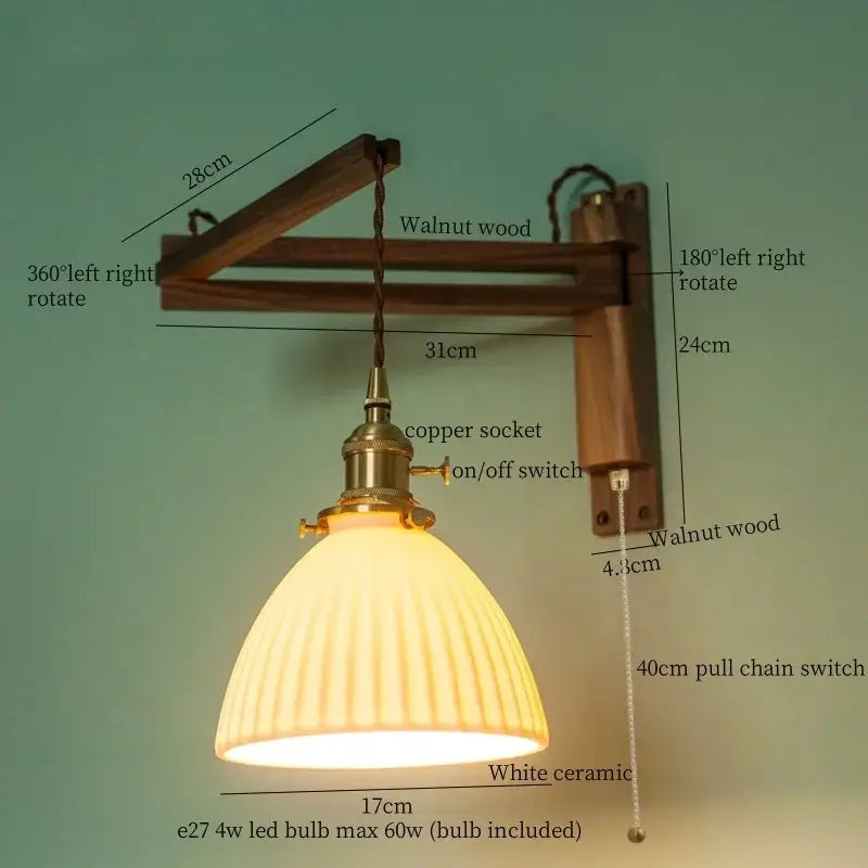A warm white ribbed ceramic led wall sconce with brass socket and walnut wood mount for bedroom decorbites ceramic led