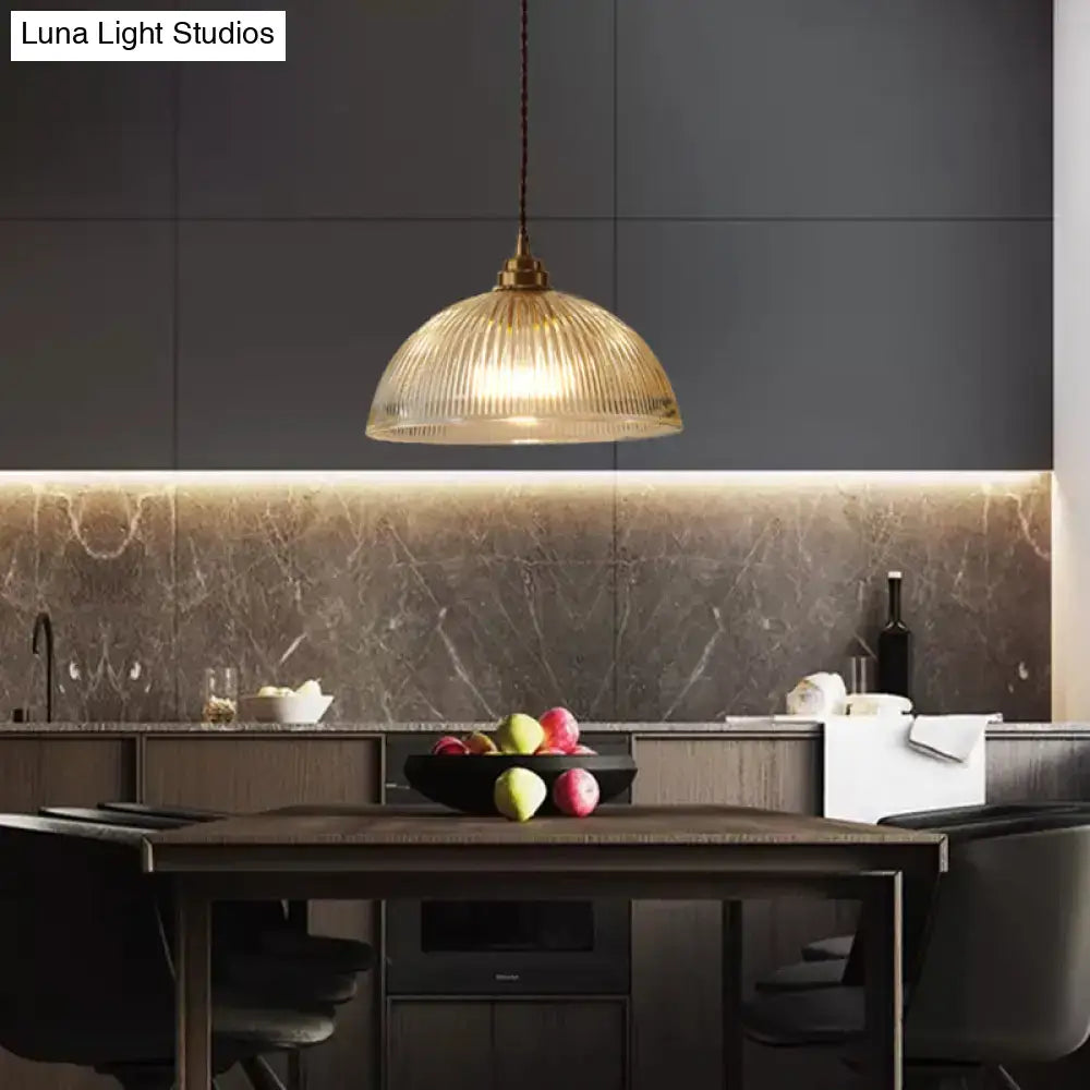 DecorBites™ ribbed glass pendant light with warm tones and brass finish for dining room hanging illumination