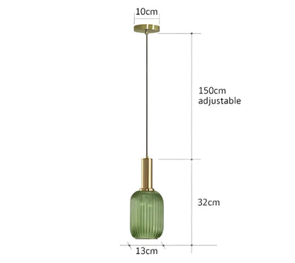 Green ribbed glass pendant light with brass-finished top and adjustable chain for dining room use