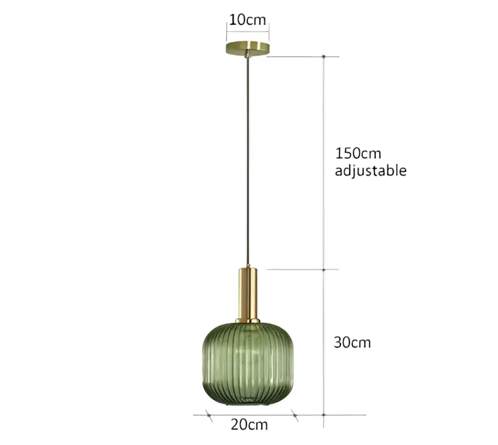 A sleek 150cm adjustable ribbed glass pendant light with an olive green globe and brass accents for dining room use